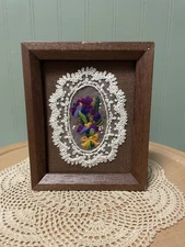 Plant Needlepoint Artwork Vintage Crewel  Purple Pansy 5x6 Framed Lace