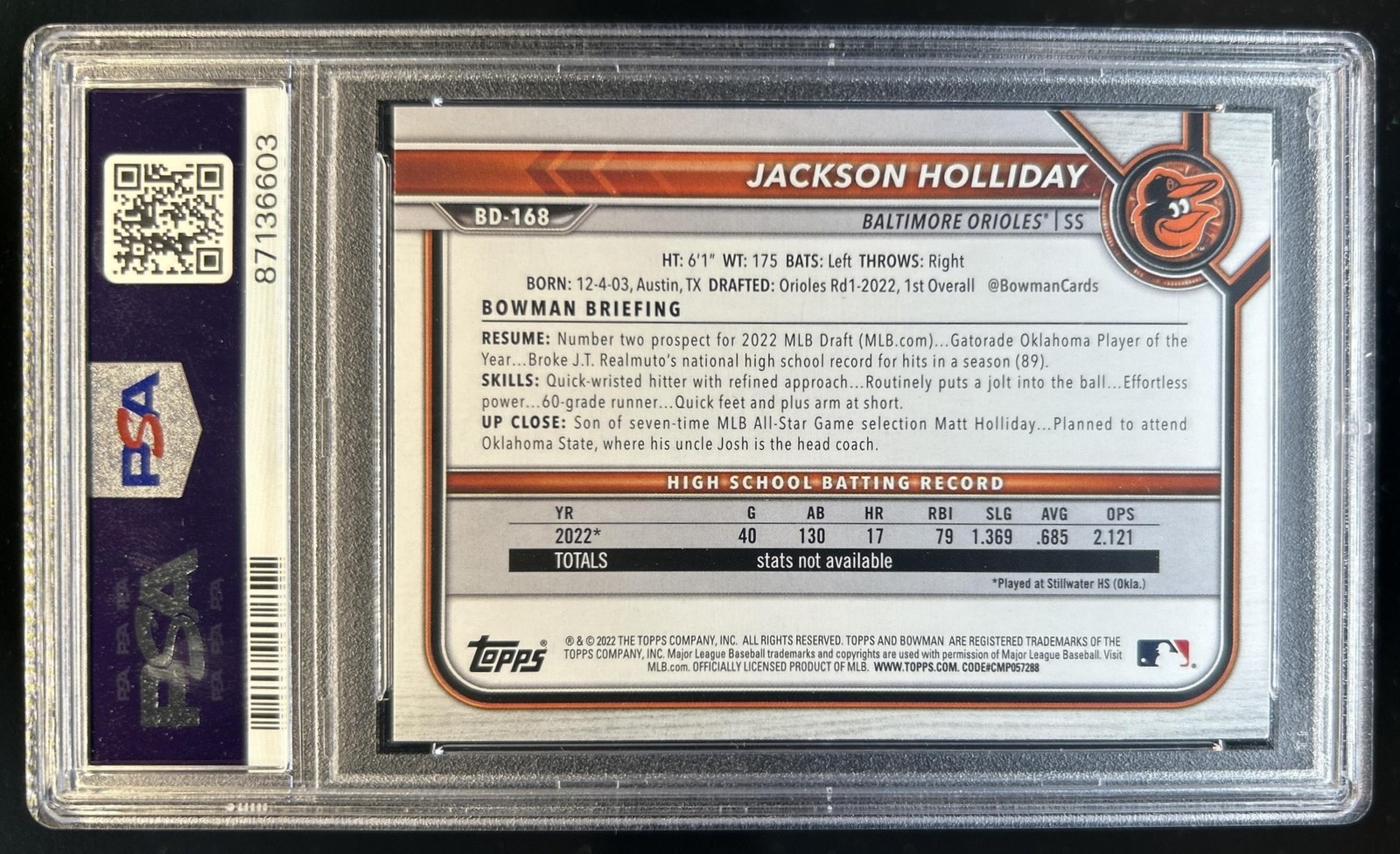 2022 Bowman Draft Jackson Holliday 1st Prospect #BD-168 Orioles PSA 6 view 2