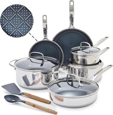 Blue Diamond Hybrid Nonstick Stainless Steel 12 Piece Cookware Set, Tri-Ply PFAS