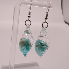 Blue Clear Glass Shell Dangle Earrings Beach Theme Hook Closure