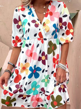 WOMENS M Balloon Flowy Mini FLORAL DRESS Colorful Lined Garden Girl Summer Chic