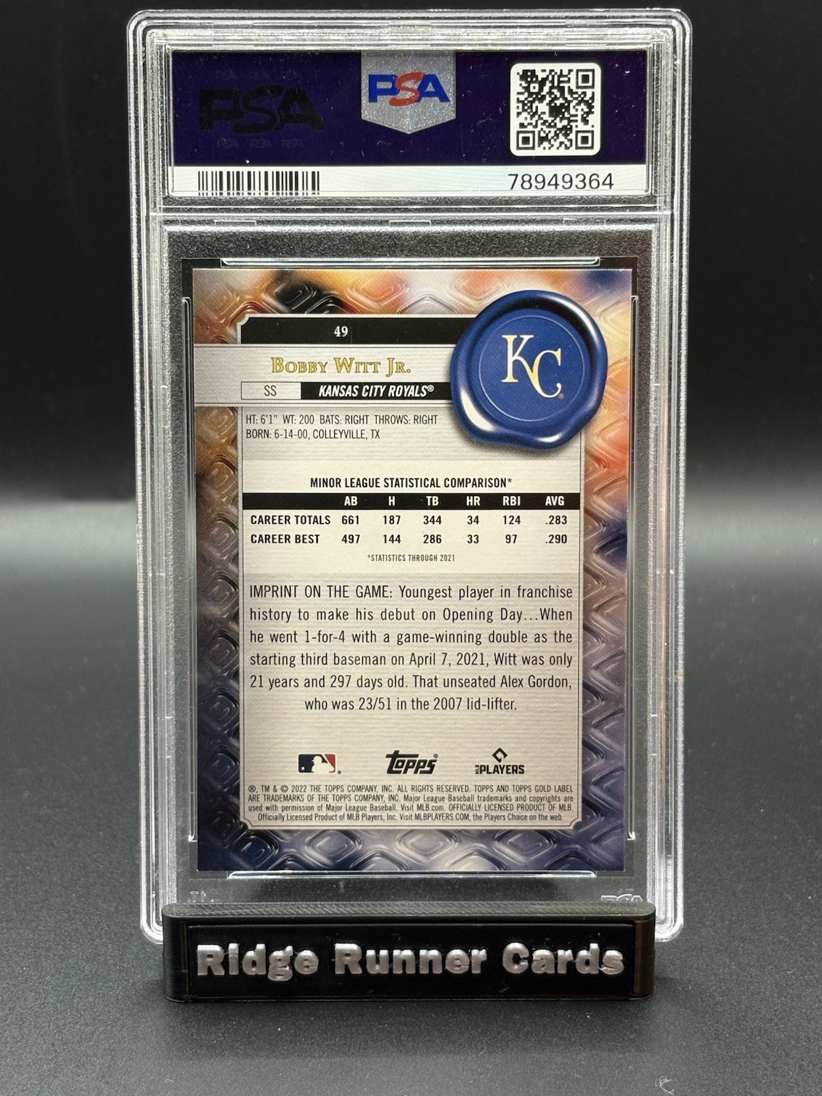 2022 Topps Gold Label BOBBY WITT JR Rookie Class 1 #49 PSA 9 ROYALS view 2