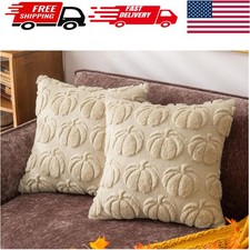 Elegant 18"x18" Beige Faux Fur Pumpkin Pillow Covers - Set of 2 for Autumn