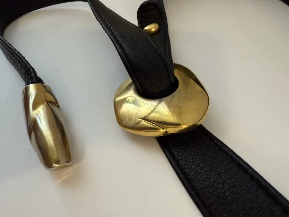 Vintage DONNA KARAN Black Leather Belt M/L Sculptural Gold Buckle Italy 80s 90s - Image 4 of 4