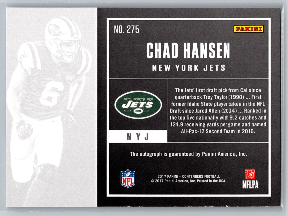 Chad Hansen 2017 Panini Contenders Rookie Ticket Auto #275 New York Jets - Image 2 of 2