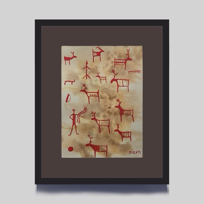 Original Fine Art Watercolor Norwegian Petroglyph Rock Carving Scandinavian 5x7