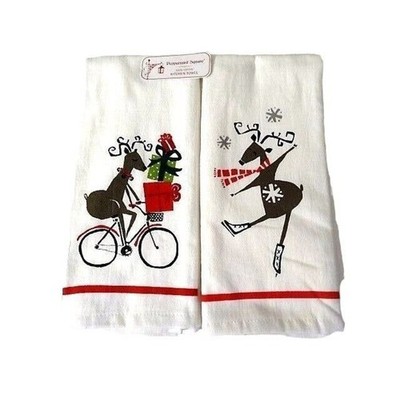 Peppermint Square Kitchen Towels Ice Skating Deer and Bicycle 2-Pc Holiday NEW