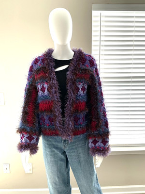 Cardigan Handmade OOAK FiberArt Fuzzy Granny Square Pink S M