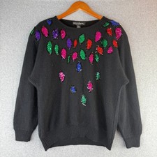 Vintage Retro Womens Christmas Lights Black Sweater Silk/Angora Blend Pull Over