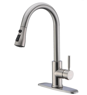 Grifo de cocina níquel cepillado arco alto con rociador extraíble.