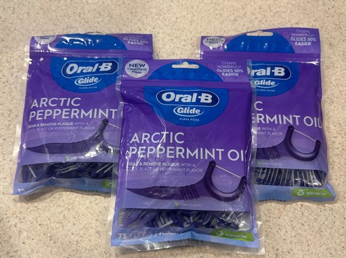 3 Pack: Oral-B Glide Dental Floss Picks Arctic Peppermint Oil Mint Flavor 75ct