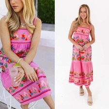 J.Marie Landon Pink Embroidered Midi Dress Sleeveless Preppy Vacation NWT Small