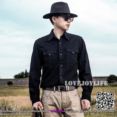 Red Tornado 60S Vintage Men's Snap Workshirt Cotton Basic Shirt Western Black