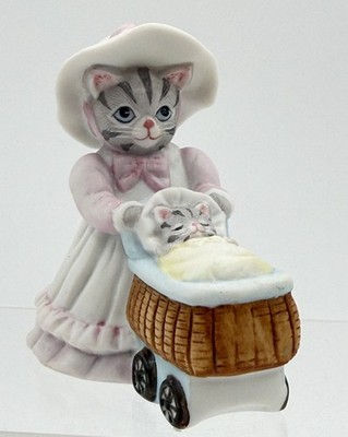 Kitty Cucumber Figurine Mom Kitty with Kitten in Stroller 1990