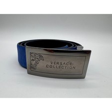Versace Collection Mens Blue Leather Medusa Plaque Buckle Belt Made in Italy 42