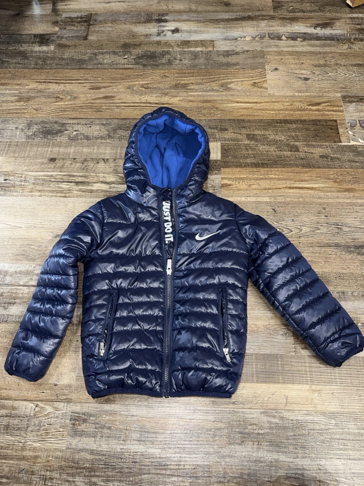 Nike Kids Boys Small 4-5Y Navy Hooded Puffer Jacket Fleece Lined Coat