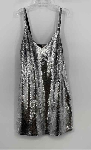 Michael Kors Damen Minikleid Silber Pailletten Ärmellos V-Ausschnitt Größe M