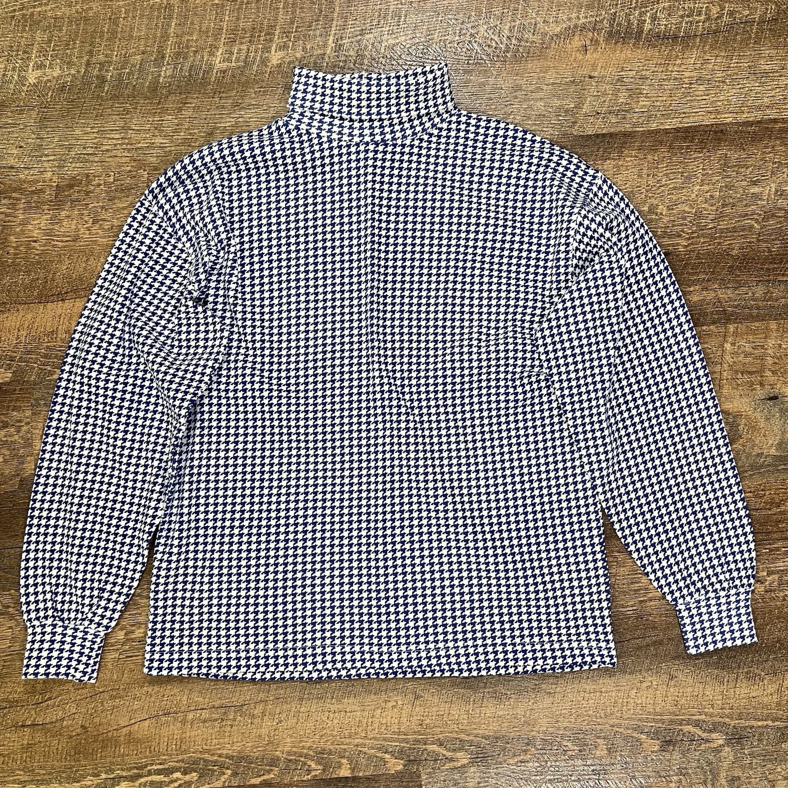 VTG Izod Turtleneck Top Women’s Medium Houndstooth Cotton Blue White ‘90s
