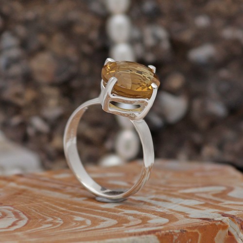 Anello in argento sterling al quarzo birra taglio a scacchi naturale con set ... - Foto 4 di 7