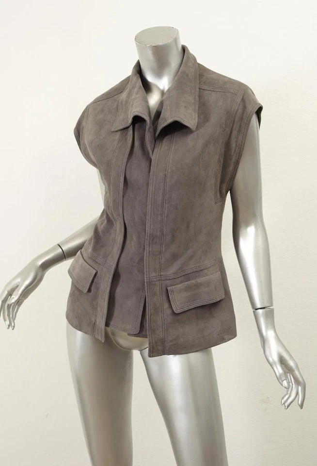 VINCE $795 Mujer Gris Gamuza Moto Moto Moto Motociclista Chaleco Bolsillos S 2016 NUEVO Foto 2 de 4