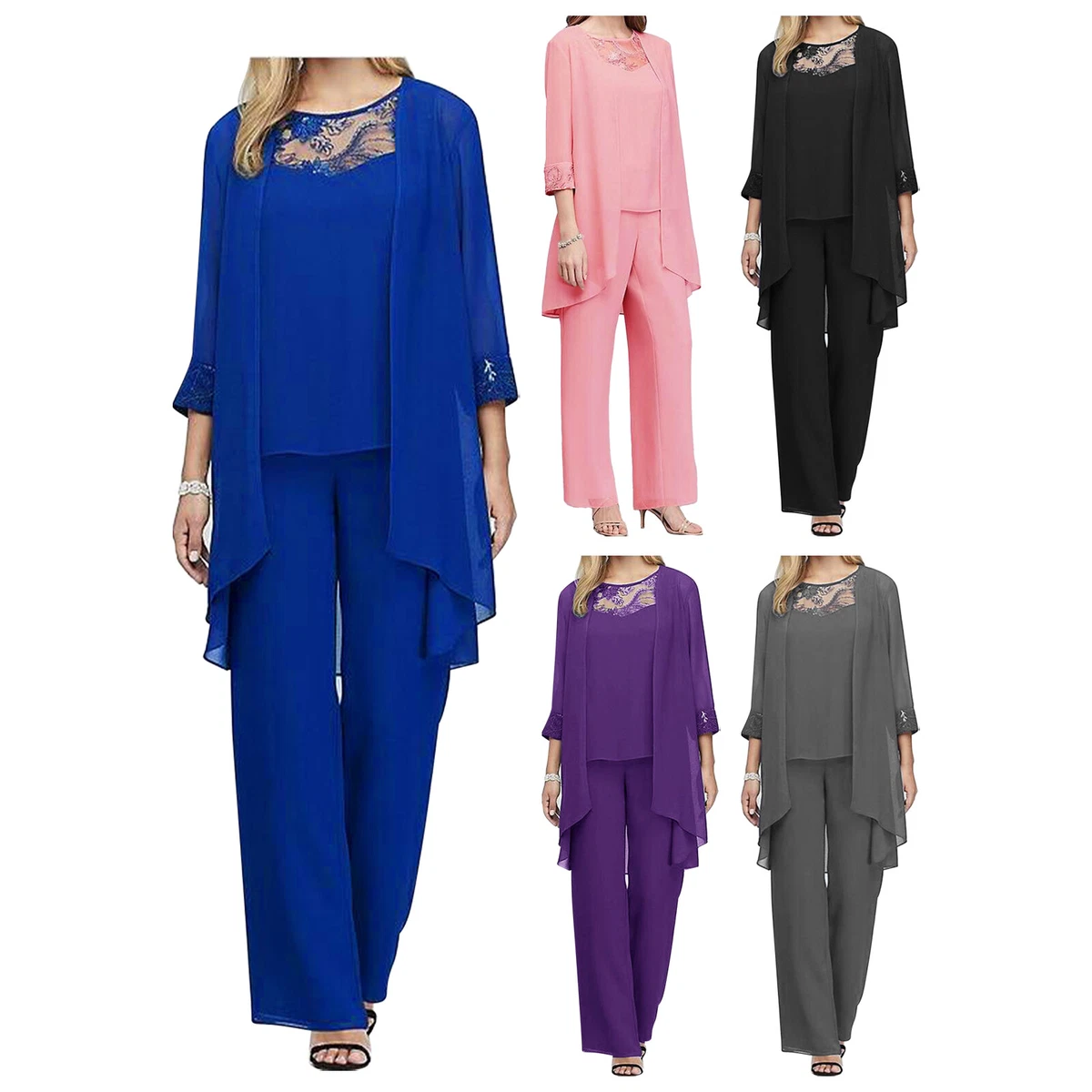 Women Elegant Wedding Guest Pants Suit 3 Pieces Set Chiffon Evening Party  Outfit