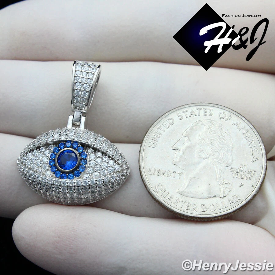 HOMBRE MUJER PLATA ESTERLINA 925 SÓLIDA ICY BLING CIRCONITA AZUL 3D MAL DE OJO COLGANTE*SP370 Foto 3 de 4