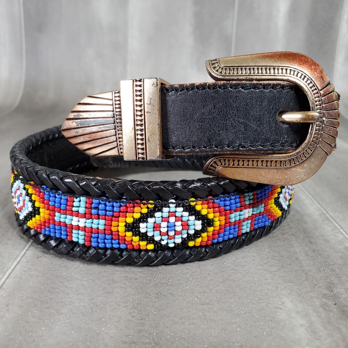 Eddie Bauer 1991 Vintage Beaded Black Leather Belt Native