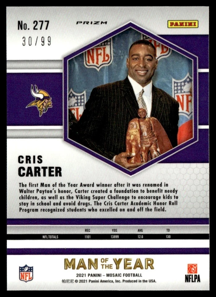 2021 Panini Mosaic Man of the Year Prizm Blue 30/99 Cris Carter #277 GS1 - Image 2 of 2