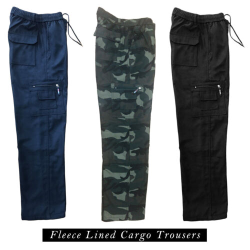 MENS FLEECE LINED CARGO BOTTOMS ELASTICATED WALKING TROUSERS COMBAT WORK PANTS - Afbeelding 1 van 21