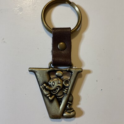 Vintage Authentic Disney Mickey Mouse Letter V Brass Keychain Key Ring