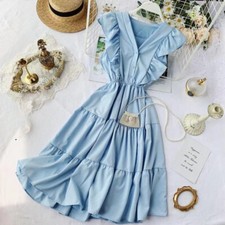 Women Long Dresses A-line Sleeveless V-neck Button Ruffle High Waist Sweet Retro