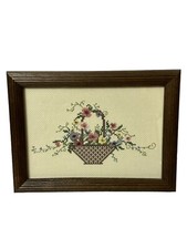 Vintage Cross-stitch Framed Wall Art Picture Basket of Flowers 10"x7"