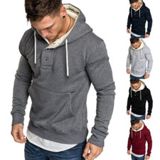 Mens Fleece Sweatshirt Sweater Solid Casual Buttons Hoodies Pullover Tops //