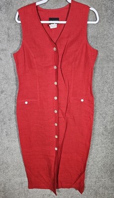 Vintage John Roberts Linen Button Front Maxi Dress Womens Size 12 Red Sleeveless