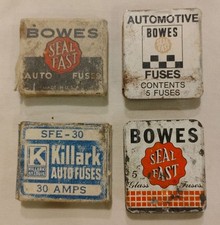 4 Vintage Bowes Seal Fast & Killark Glass Auto Fuses Tins Boxes Made in the USA