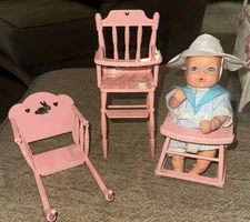 Lewis Galoob Doll *Doesn't work, W/Pink Furniture, walker, chair, Highchair 1988