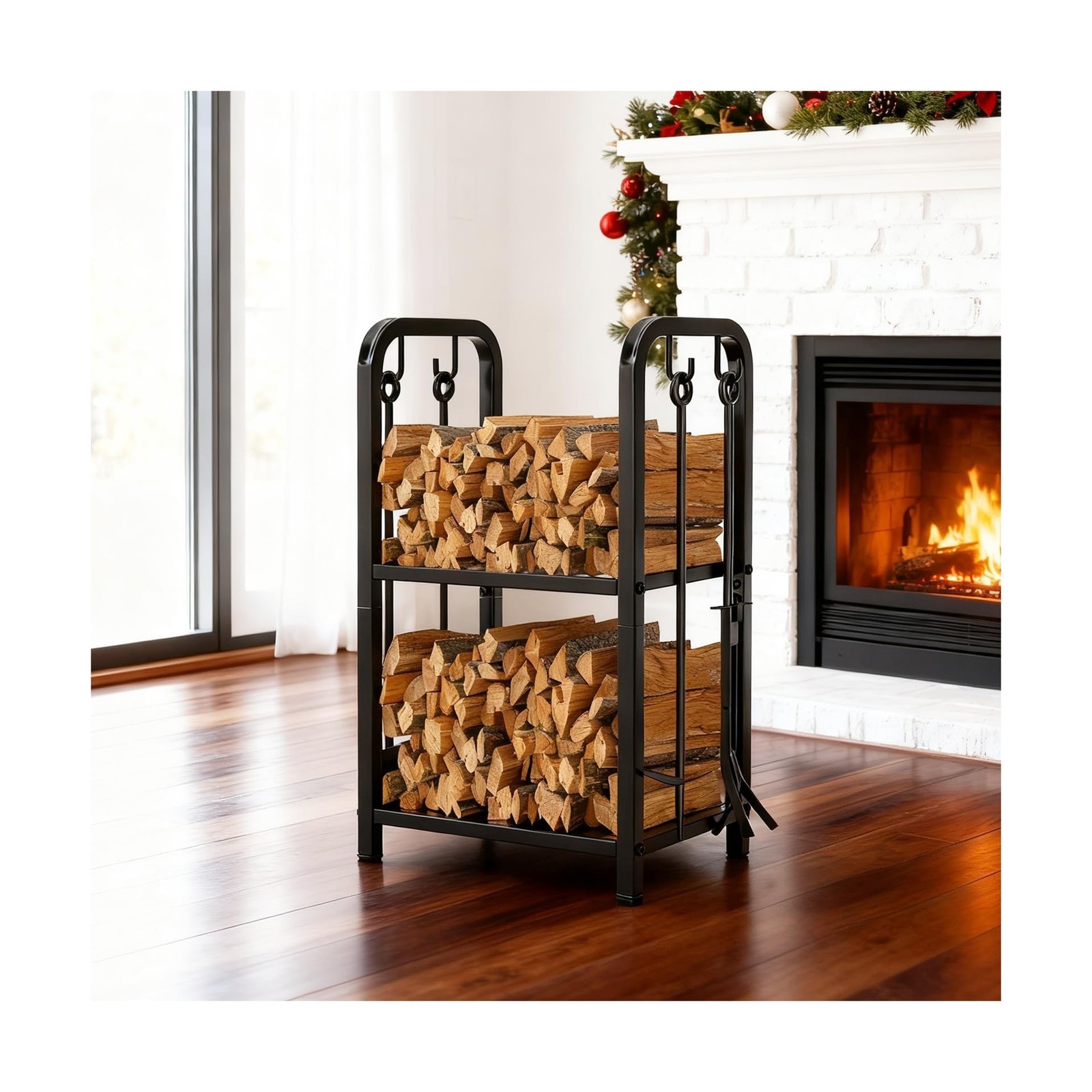 Vailge Firewood Rack Indoor with 4 Pieces Long&Detachable Fireplace Tools, He...