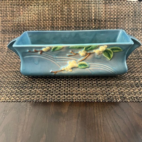 VTG Roseville Snowberry Blue Window Box Planter 11" With Handles - Beautiful!