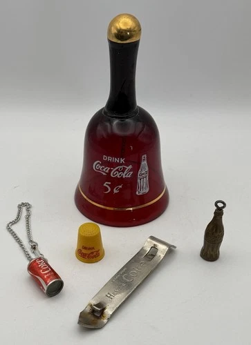 Vintage Coca Cola Lot Bell Bracelet Bottle Opener Thimble Charm Advertising