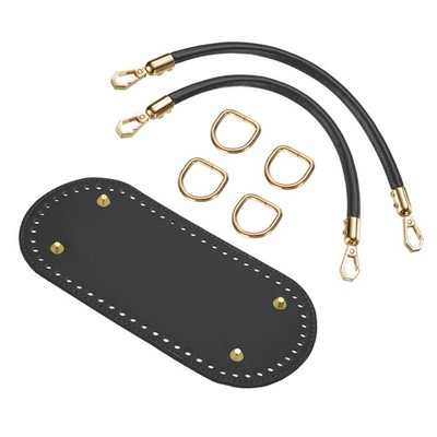 8.7x4'' Leather Bottom Oval Bag, 11.8'' Handles, Buckles, Black