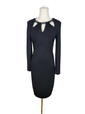 Cache M Black Dress Embellished Cutout Neckline Sheath Ruched Long Sleeve y2k