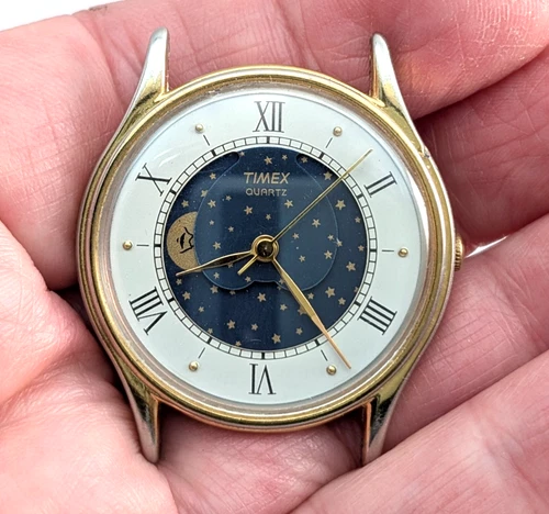 1989 TIMEX Quartz Moon Phase Vintage Mens 33mm Watch Movement TICKS Needs Repair