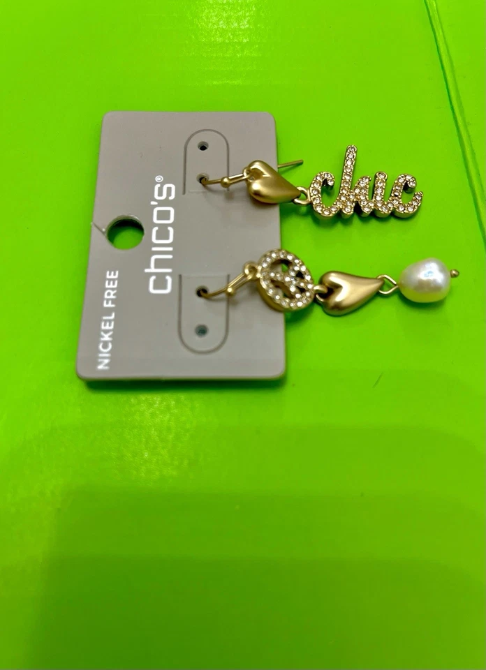 Chico’s Women Chic Peace Sign Heart Earrings - NEW - Gold Tone - Nickel Free - - Image 2 of 4
