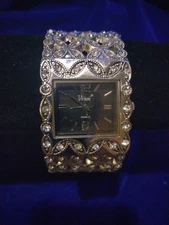 Vivani Women's Square Watch Silver Tone with Rhineston/Faux Marcasite Cuff Band