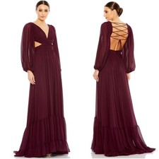 Mac Duggal NWT Plum Pleated Cut Out Long Sleeve Lace Up Tiered Gown Size 12