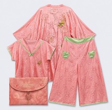 Vtg 1950s Asian Jacquard Pajama Robe Set 4 Pc Pink Dragon Travel Pouch Silk