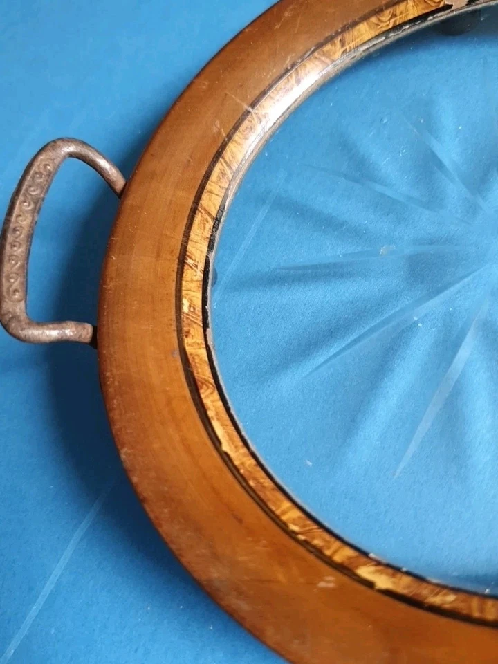 Antikes Tablett Jugendstil Glasboden Kristall Mahagonirahmen Griffe Metall - Bild 4 von 4