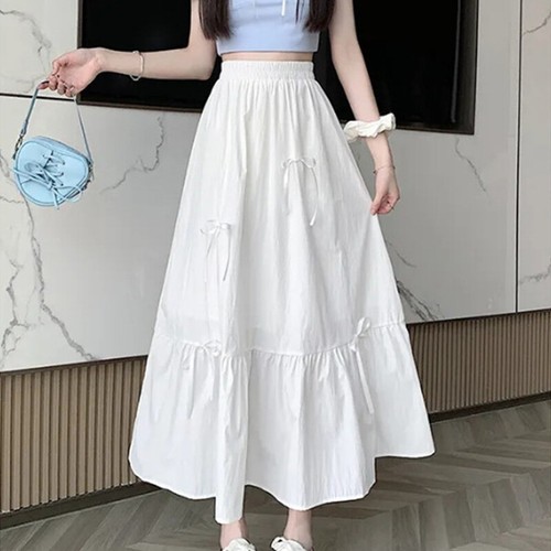 Elastic Women's High-Waisted A-Line Pleated Skirt with Bows Puffy Skirt Dress - Picture 23 of 24