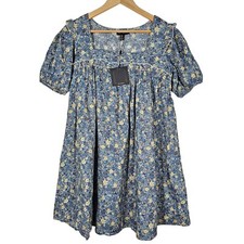 ASOS QED London Cotton Poplin Puff Sleeve Prarie Dress Blue Floral Women 8 NWT