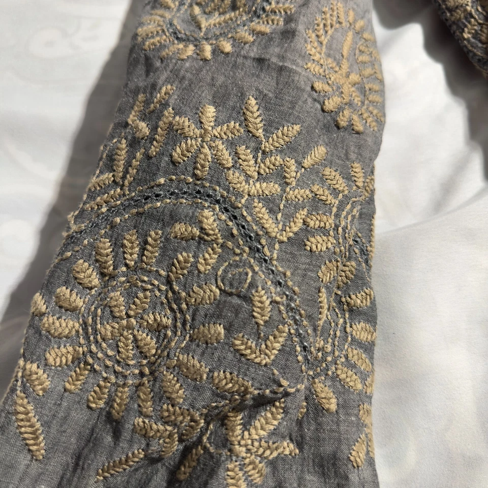 Indigo Handloom Soul Scarf Gray Beige Embroidered Paisley Floral 70x32" Pom Poms - Image 3 of 4